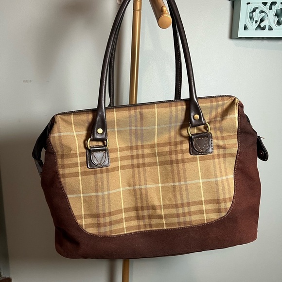 Eddie Bauer Brown and Tan Travel Duffel Bag with Plaid Pattern - Picture 2 of 6